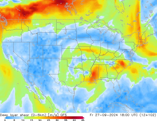 Deep layer shear (0-6km) GFS Fr 27.09.2024 18 UTC