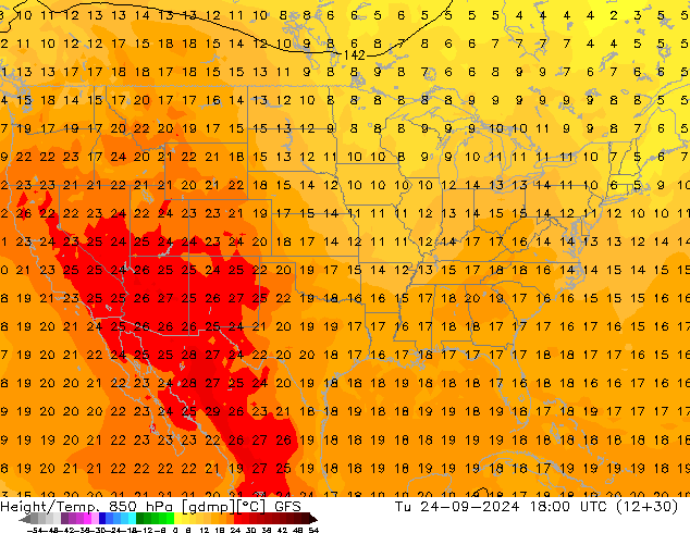 Height/Temp. 850 hPa GFS Di 24.09.2024 18 UTC