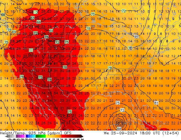 Géop./Temp. 925 hPa GFS mer 25.09.2024 18 UTC