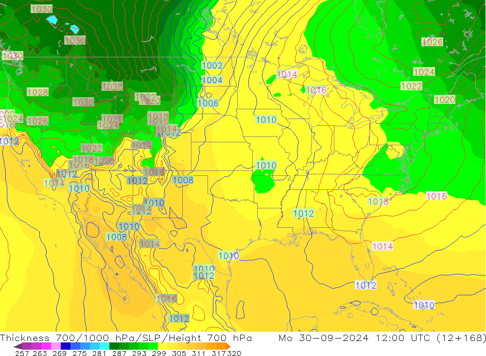 Thck 700-1000 hPa GFS lun 30.09.2024 12 UTC