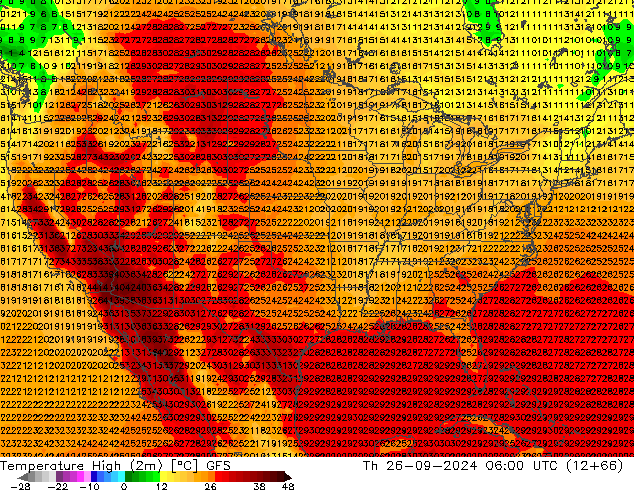 température 2m max GFS jeu 26.09.2024 06 UTC