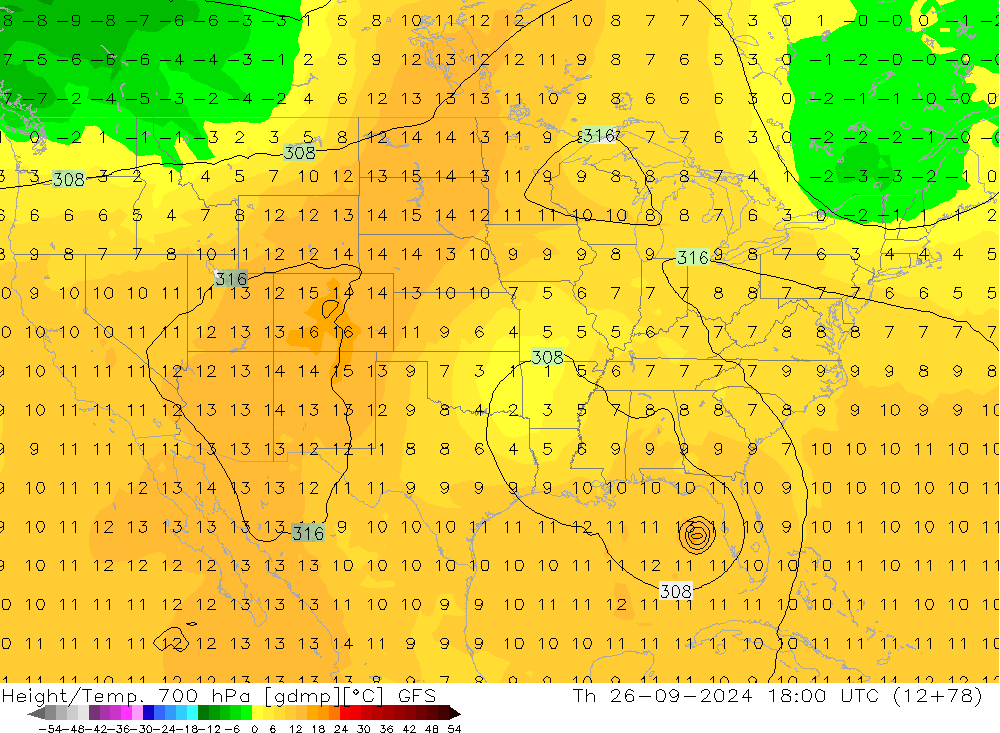 Hoogte/Temp. 700 hPa GFS do 26.09.2024 18 UTC