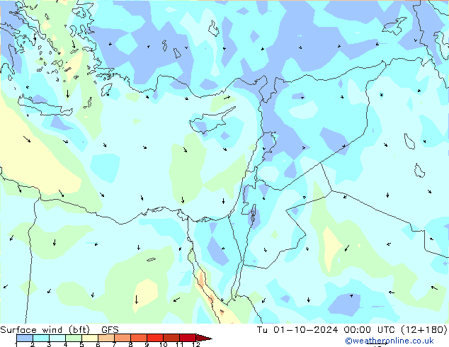 Vento 10 m (bft) GFS Ter 01.10.2024 00 UTC