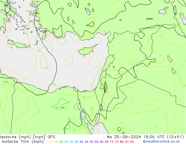 Izotacha (mph) GFS śro. 25.09.2024 15 UTC