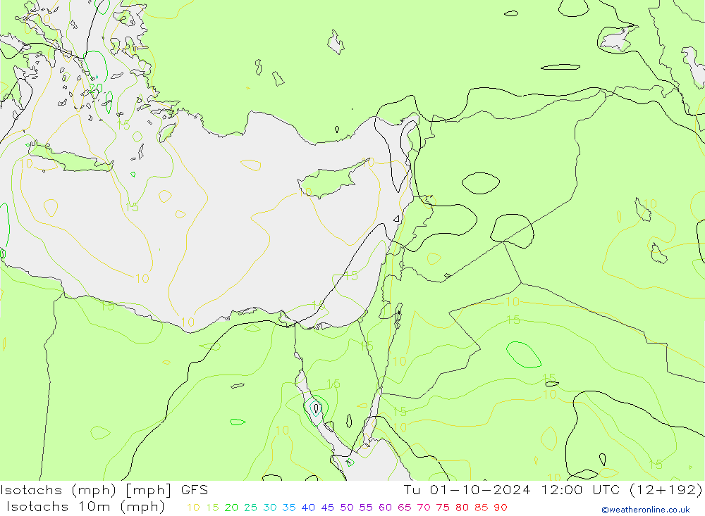 Isotachs (mph) GFS вт 01.10.2024 12 UTC