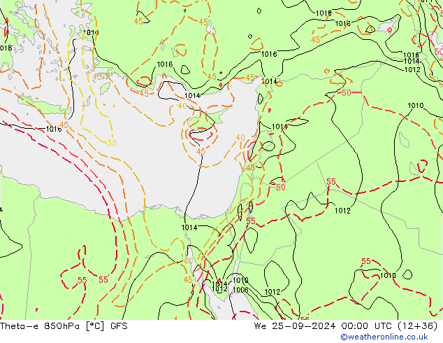 Theta-e 850hPa GFS wo 25.09.2024 00 UTC