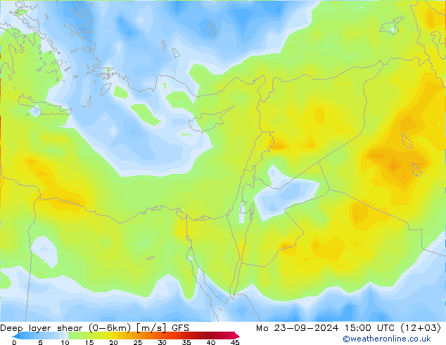 Deep layer shear (0-6km) GFS Mo 23.09.2024 15 UTC