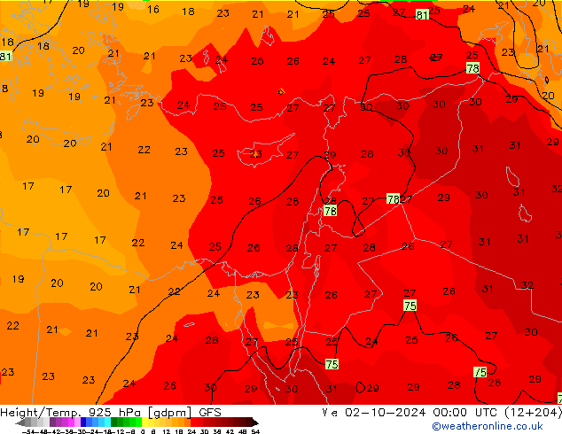 Hoogte/Temp. 925 hPa GFS wo 02.10.2024 00 UTC