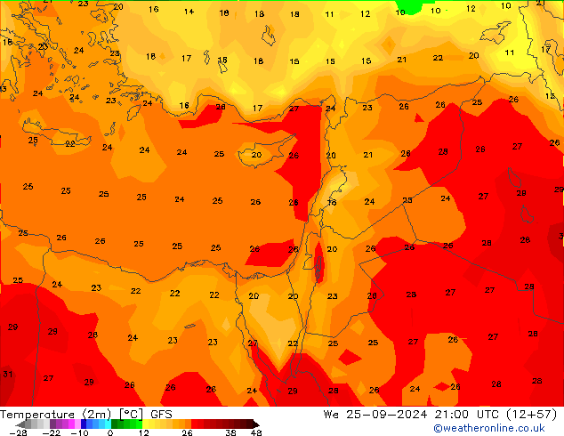 Temperatura (2m) GFS Qua 25.09.2024 21 UTC