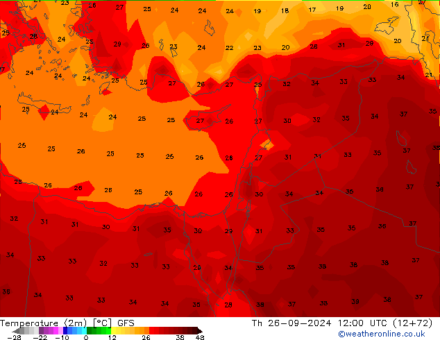 Temperature (2m) GFS Th 26.09.2024 12 UTC