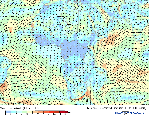 Wind 10 m (bft) GFS do 26.09.2024 06 UTC