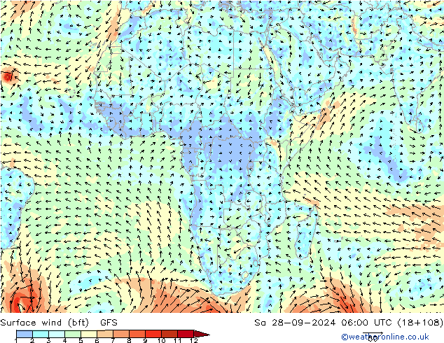 Vent 10 m (bft) GFS sam 28.09.2024 06 UTC