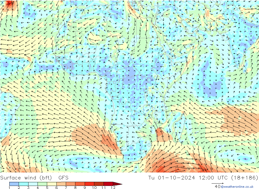 Surface wind (bft) GFS Tu 01.10.2024 12 UTC