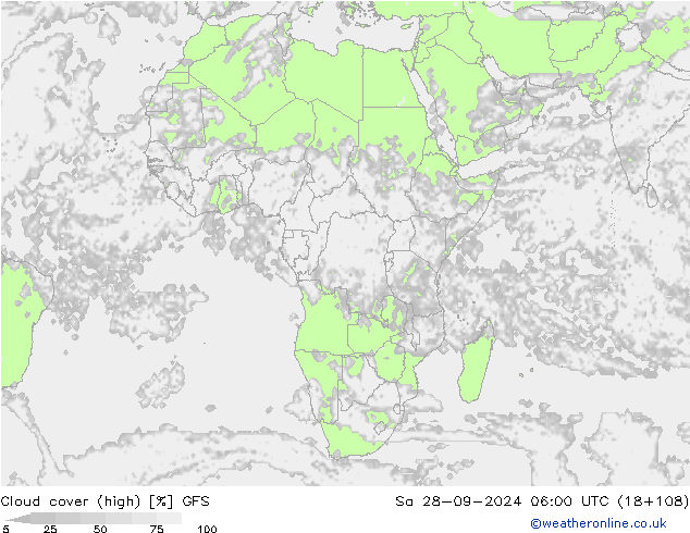 Cloud cover (high) GFS Sa 28.09.2024 06 UTC