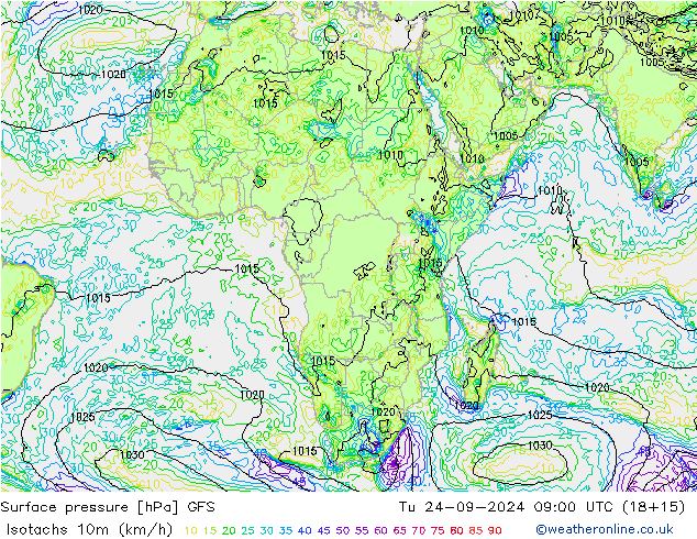 Eşrüzgar Hızları (km/sa) GFS Sa 24.09.2024 09 UTC