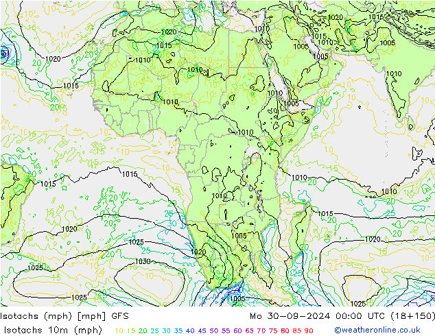 Eşrüzgar Hızları mph GFS Pzt 30.09.2024 00 UTC