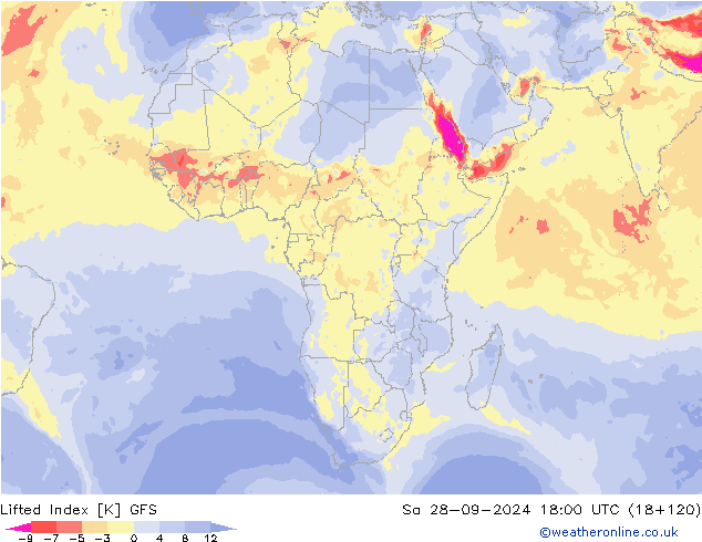 Lifted Index GFS Sa 28.09.2024 18 UTC