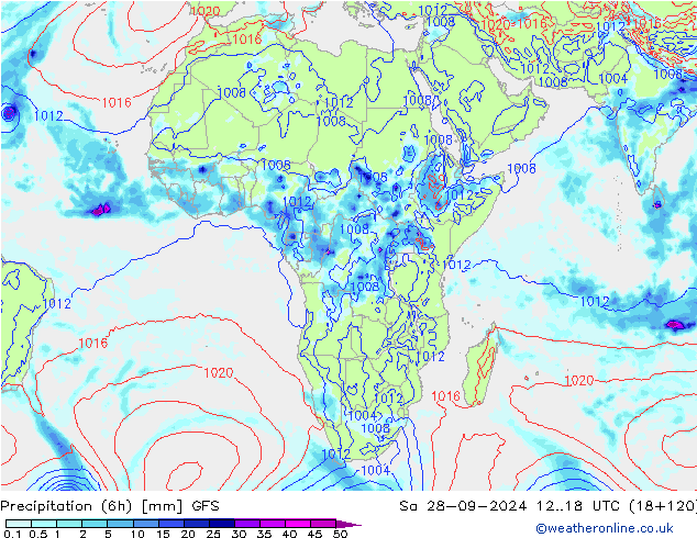 Precipitation (6h) GFS Sa 28.09.2024 18 UTC