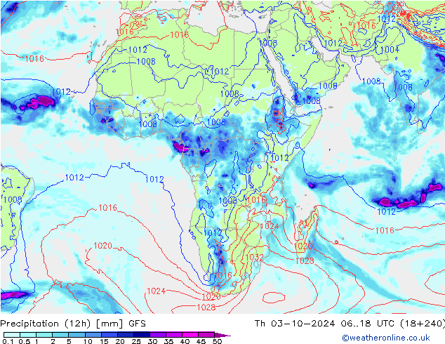 Totale neerslag (12h) GFS do 03.10.2024 18 UTC