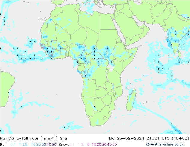 Rain/Snowfall rate GFS lun 23.09.2024 21 UTC