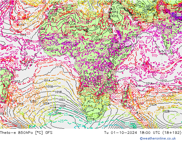 Theta-e 850hPa GFS Sa 01.10.2024 18 UTC