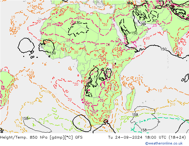 Height/Temp. 850 hPa GFS Tu 24.09.2024 18 UTC