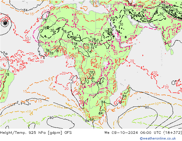 Geop./Temp. 925 hPa GFS mié 09.10.2024 06 UTC