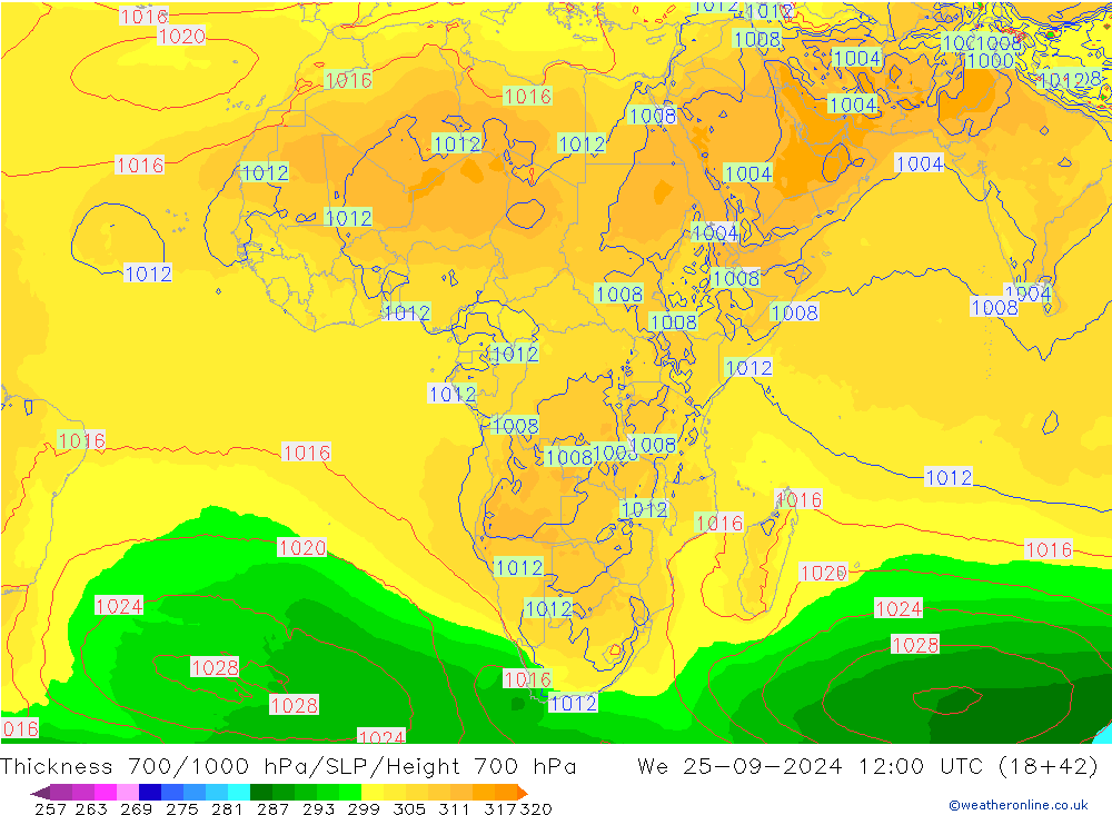 Thck 700-1000 hPa GFS Qua 25.09.2024 12 UTC