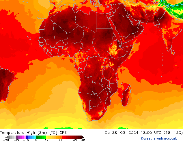 Темпер. макс 2т GFS сб 28.09.2024 18 UTC