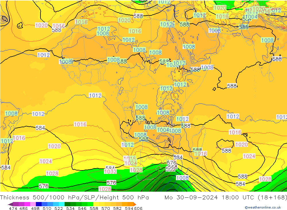 Thck 500-1000hPa GFS pon. 30.09.2024 18 UTC