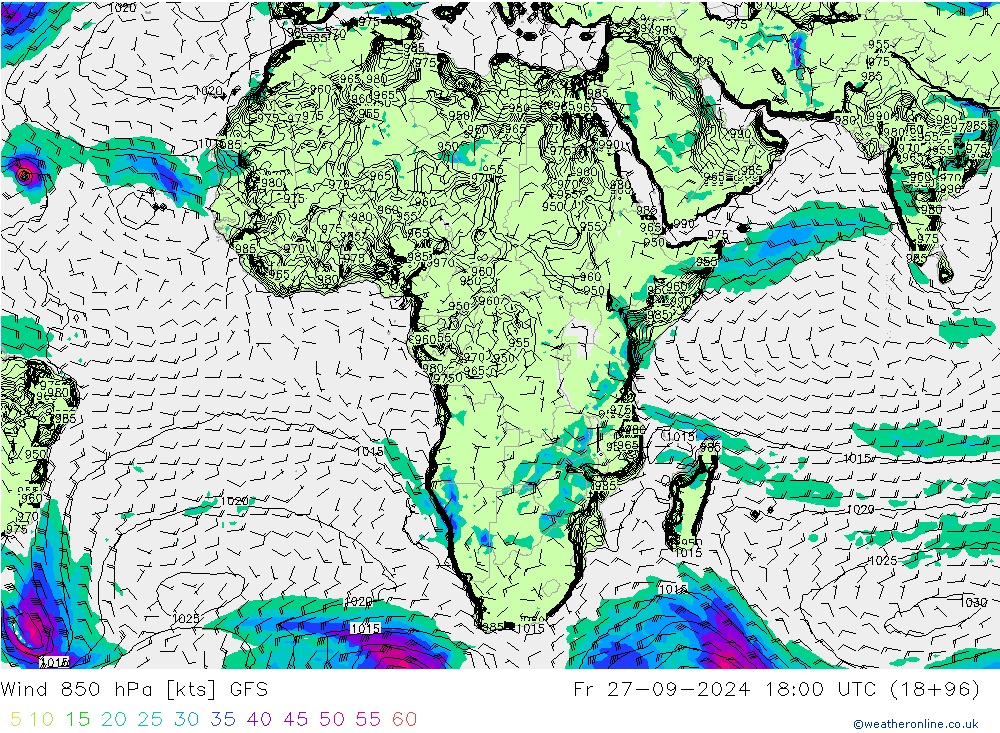 Wind 850 hPa GFS Fr 27.09.2024 18 UTC