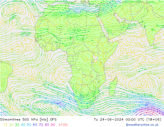 Linea di flusso 500 hPa GFS mar 24.09.2024 00 UTC