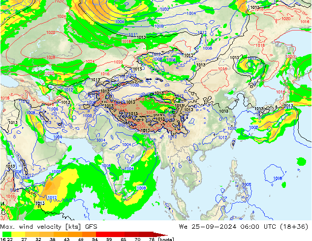 Max. wind velocity GFS We 25.09.2024 06 UTC