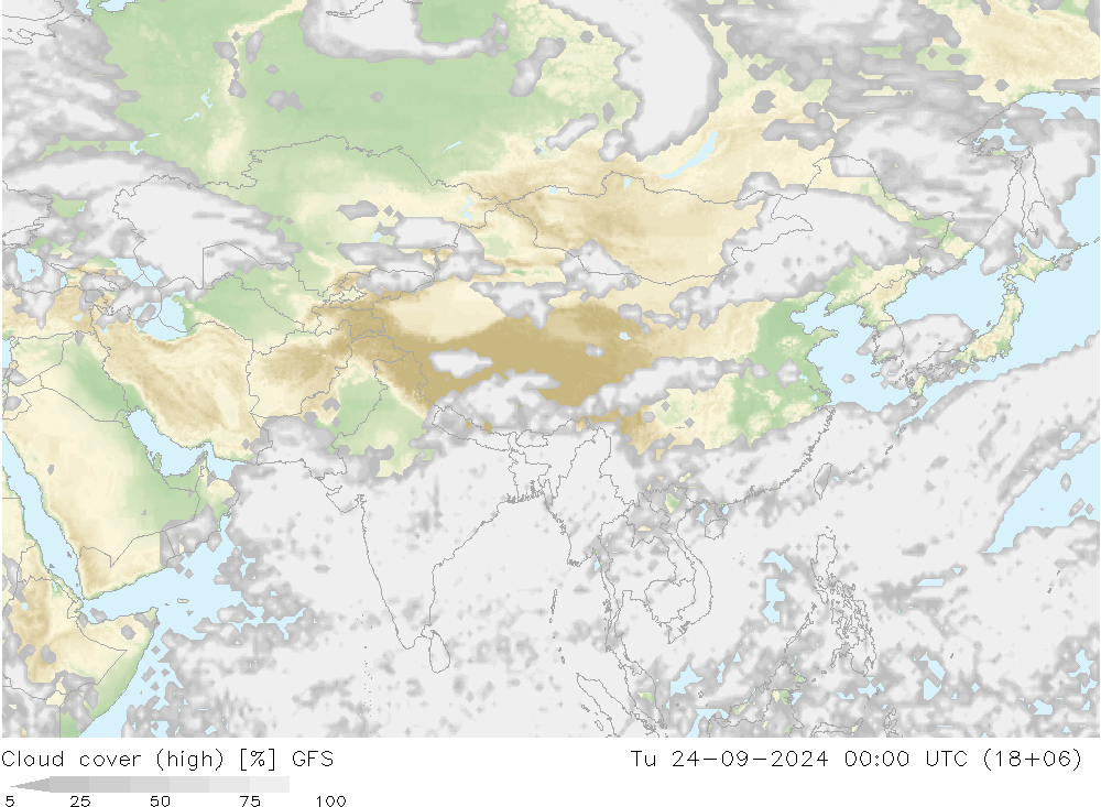 Cloud cover (high) GFS Tu 24.09.2024 00 UTC