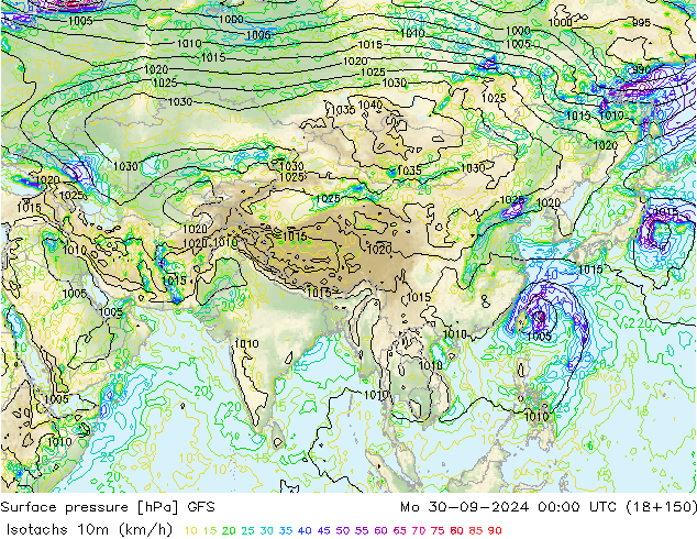 Isotachen (km/h) GFS Mo 30.09.2024 00 UTC