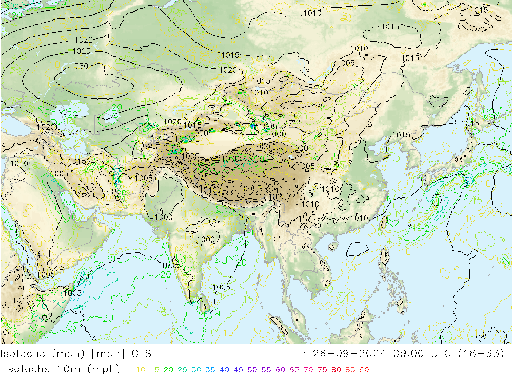 Isotachs (mph) GFS gio 26.09.2024 09 UTC