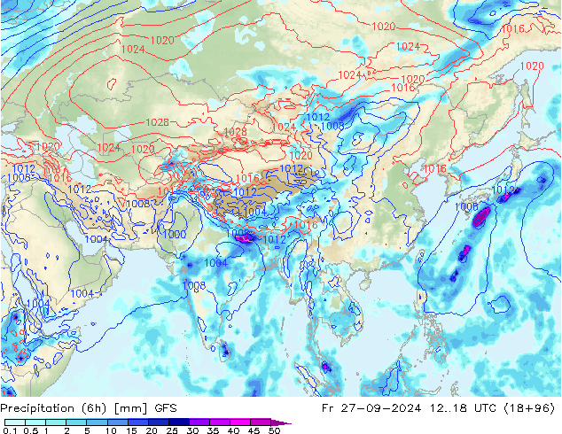 Precipitation (6h) GFS Fr 27.09.2024 18 UTC