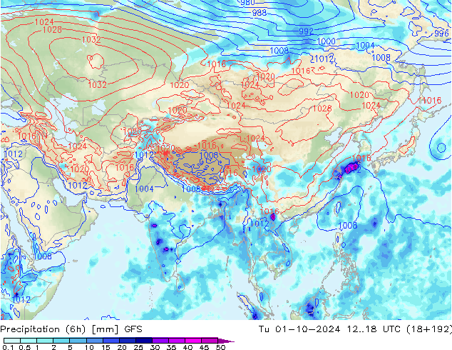 Totale neerslag (6h) GFS di 01.10.2024 18 UTC