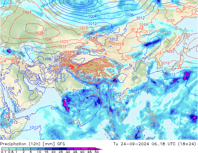 осадки (12h) GFS вт 24.09.2024 18 UTC