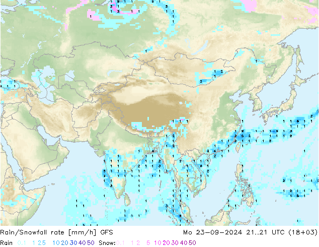 Rain/Snowfall rate GFS Mo 23.09.2024 21 UTC