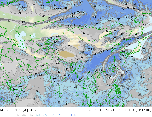 RH 700 hPa GFS Di 01.10.2024 06 UTC