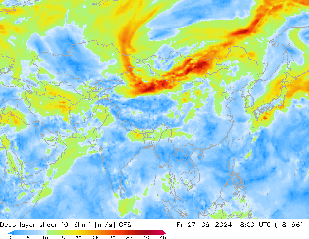 Deep layer shear (0-6km) GFS vie 27.09.2024 18 UTC