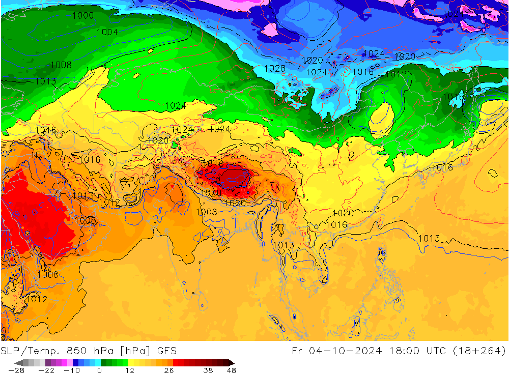 SLP/Temp. 850 hPa GFS Sex 04.10.2024 18 UTC