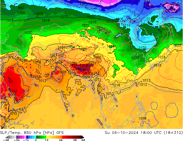 SLP/Temp. 850 hPa GFS  06.10.2024 18 UTC