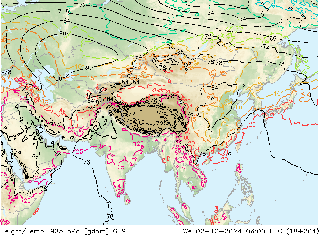 Height/Temp. 925 hPa GFS We 02.10.2024 06 UTC