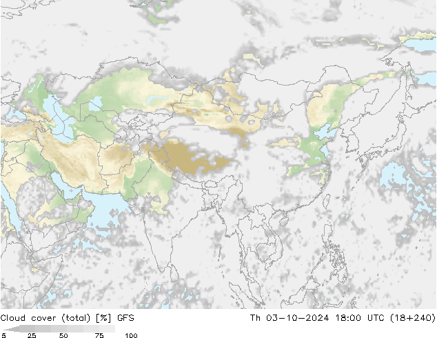 Cloud cover (total) GFS Čt 03.10.2024 18 UTC