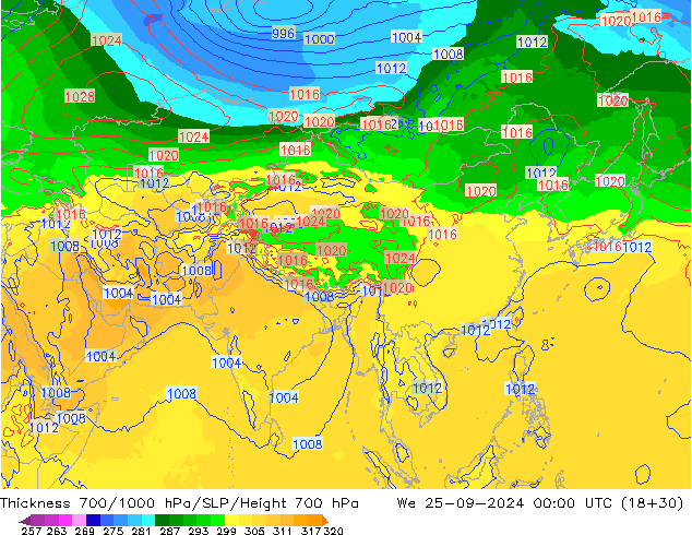 Thck 700-1000 hPa GFS We 25.09.2024 00 UTC