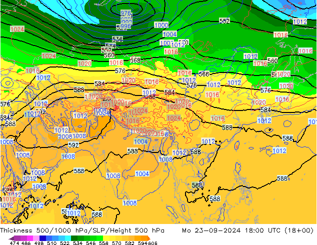 500-1000 hPa Kalınlığı GFS Pzt 23.09.2024 18 UTC