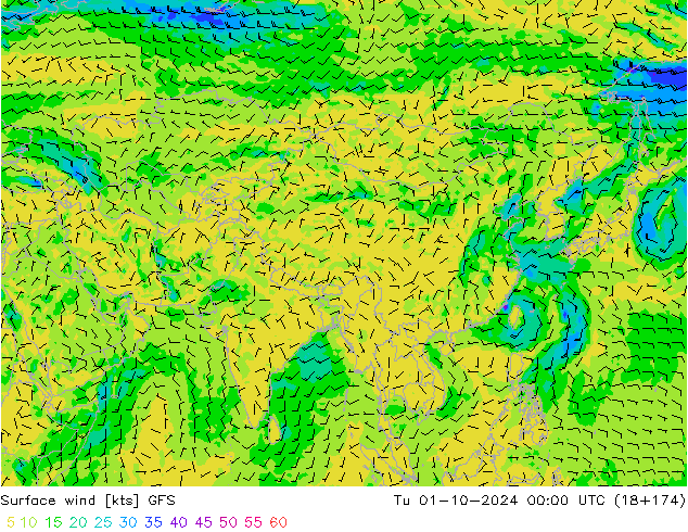 Surface wind GFS Út 01.10.2024 00 UTC