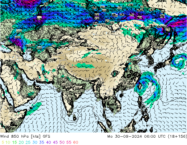 Viento 850 hPa GFS lun 30.09.2024 06 UTC